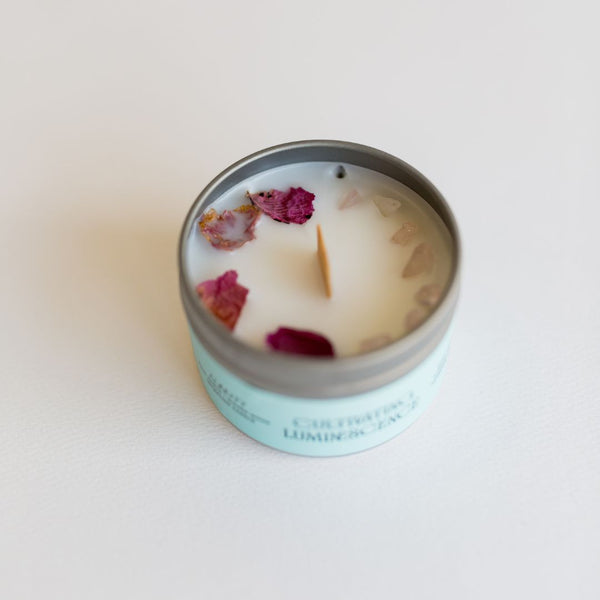 4oz. Clarity Candle with Rose Quartz by Cultivating Luminescence